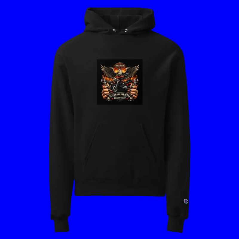 Black hoodie with a graphic design on a blue background