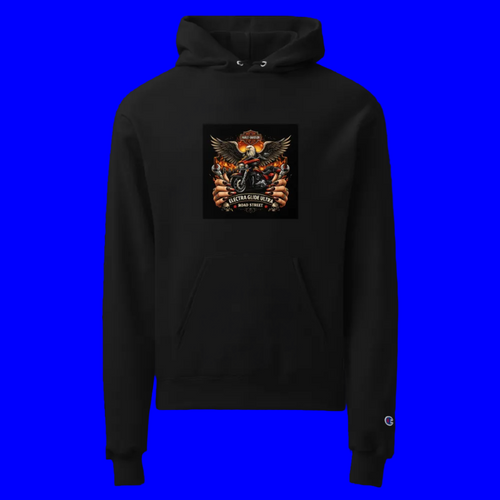Black hoodie with a graphic design on a blue background
