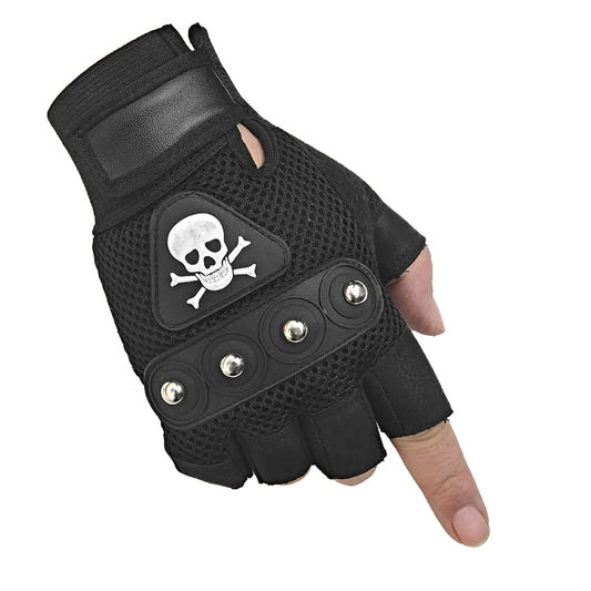SZTLKHH Mens Punk Rock Biker Gothic Skull Gloves Motorcycle Skeletal Rivet Cycling Driving Fingerless Mitten (Black) - THROTTLE HUB
