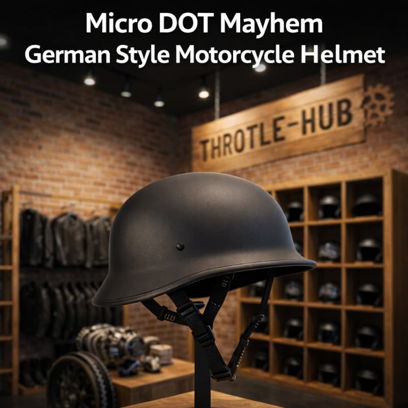 Black motorcycle helmet on a stand with 'Micro DOT Mayhem German Style Motorcycle Helmet' text above, set against a store interior background.