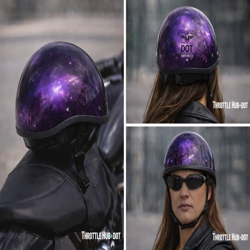 Purple motorcycle helmet with 'Throttle Hub Dot' branding worn by a person.