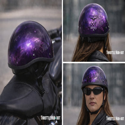 Purple motorcycle helmet with 'Throttle Hub Dot' branding worn by a person.