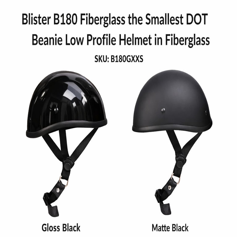 Two black helmets, one glossy and one matte, on a white background with product details.
