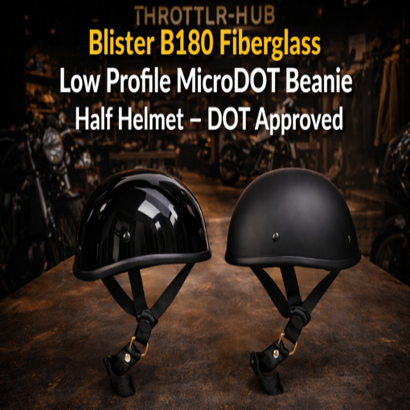 Two black fiber glass helmets on a dark background with text about the Blister B180 Fiberglass helmet.