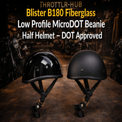 Two black fiber glass helmets on a dark background with text about the Blister B180 Fiberglass helmet.