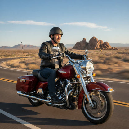 Man riding a red motorcycle on a desert road with rock formations in the background