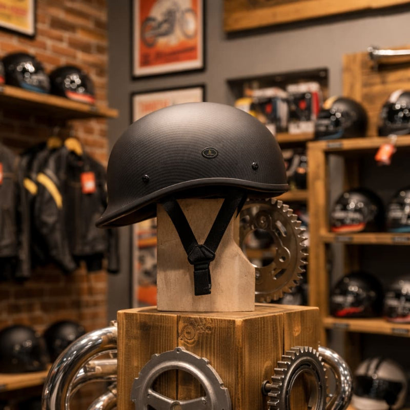 Black helmet on a wooden stand with mechanical gears in a motorcycle-themed store.