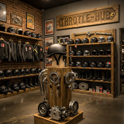 Motorcycle gear store interior with helmets, jackets, and a mechanical display in front of 'Throttle Hub' sign.