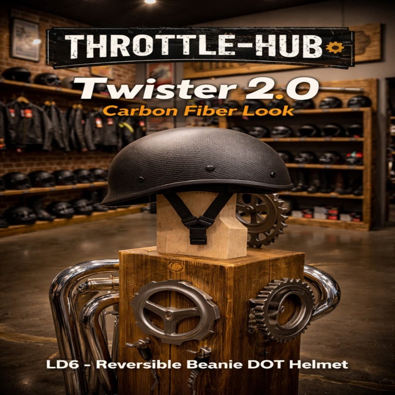 MicroDOT Twister 2.0 carbon fiber look low profile beanie motorcycle helmet on display stand, DOT approved lightweight biker helmet by Throttle Hub