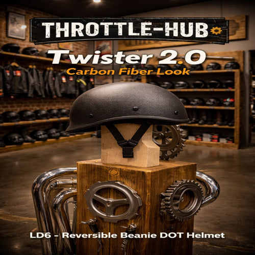 MicroDOT Twister 2.0 carbon fiber look low profile beanie motorcycle helmet on display stand, DOT approved lightweight biker helmet by Throttle Hub