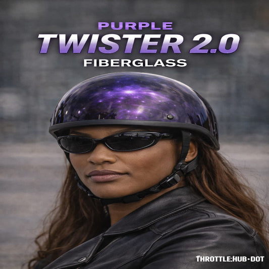 Person wearing a helmet with purple design and text 'Purple Twister 2.0 Fiberglass' on a blurred background.