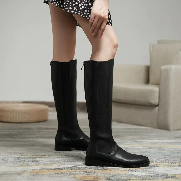 Leather High Round Toe Thick Low-heeled Brown Rider Boots - THROTTLE HUB