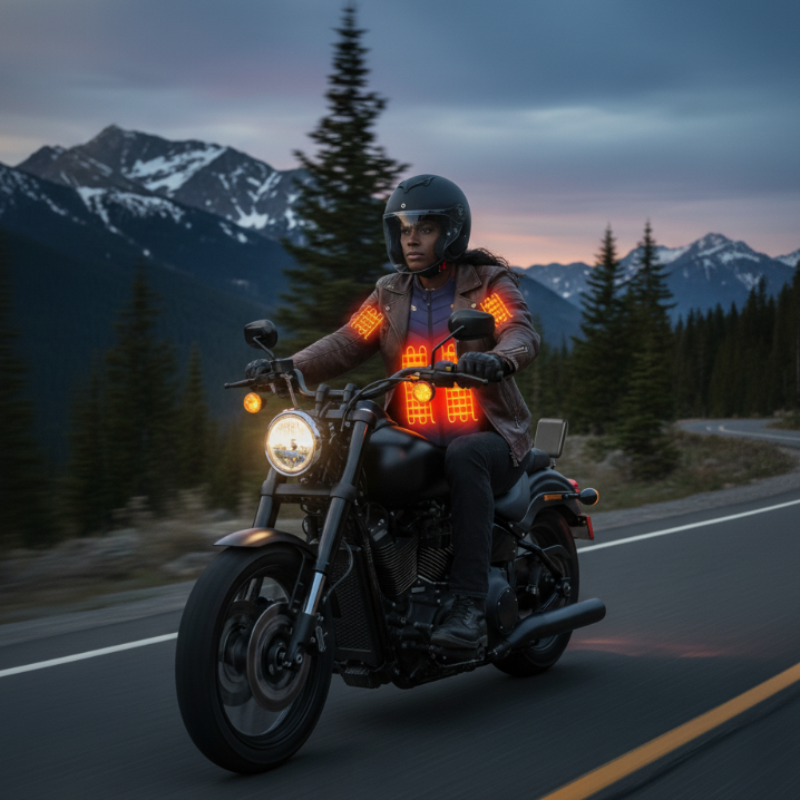 Person riding a motorcycle on a mountain road with glowing orange lights on the jacket.