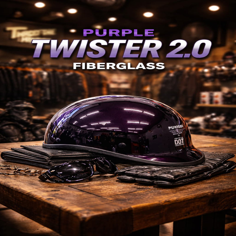 Purple fiberglass helmet on a wooden surface with 'Purple Twister 2.0' text.