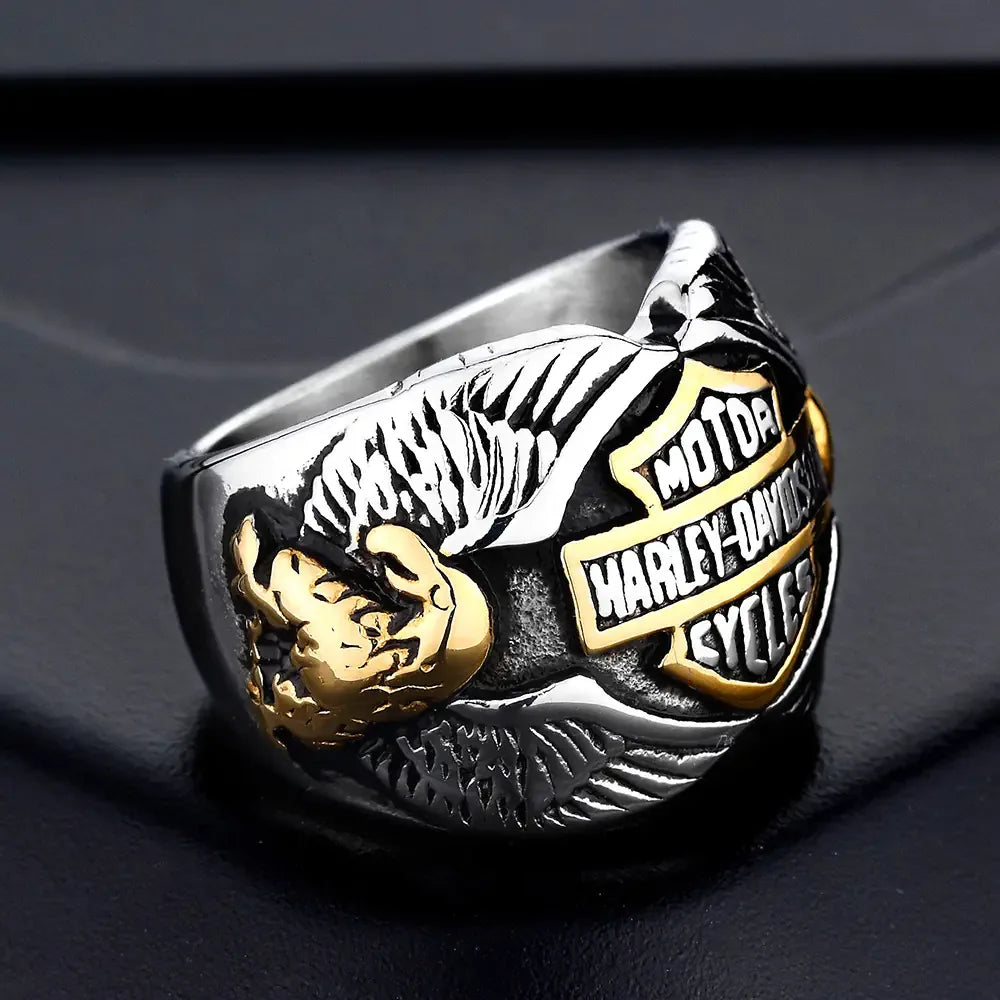 Stainless Steel Motorcycle Ring with Double Eagle Design - THROTTLE HUB