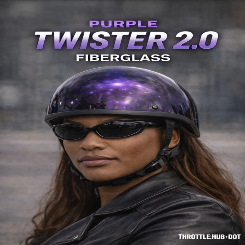 Person wearing a purple fiber glass helmet with 'Purple Twister 2.0' text on a blurred background