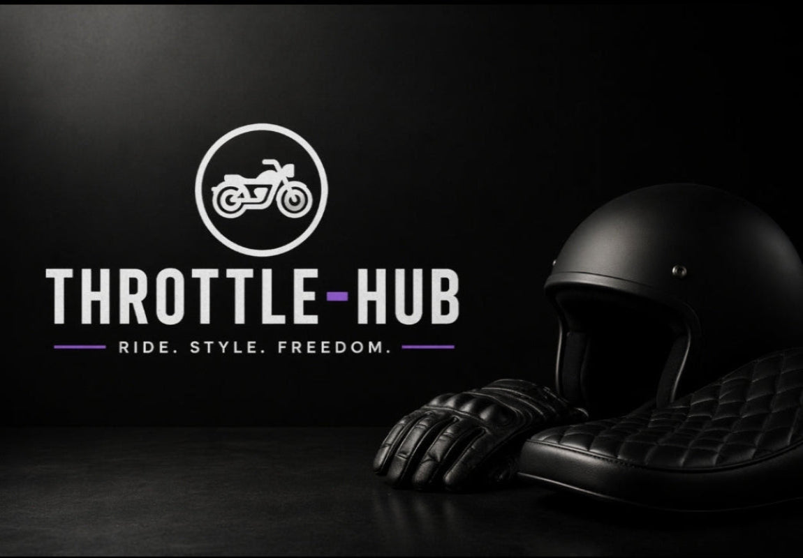 Black helmet and leather glove with Throttle Hub logo on a dark background