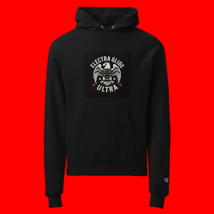 Black hoodie with 'Electra Glide Ultra' logo on a red background