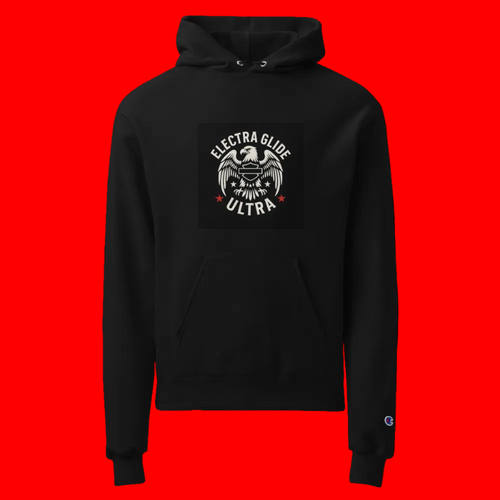 Black hoodie with 'Electra Glide Ultra' logo on a red background