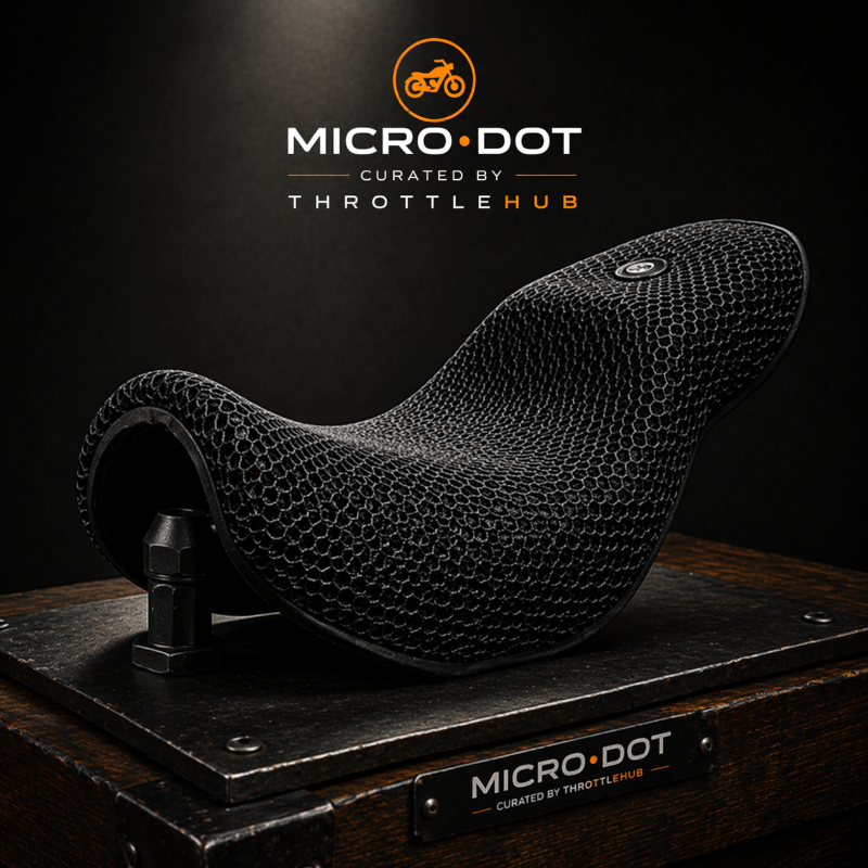 Motorcycle seat with honeycomb pattern on a dark background, featuring Micro Dot and Throttle Hub branding.