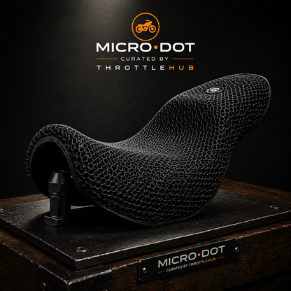 Motorcycle seat with honeycomb pattern on a dark background, featuring Micro Dot and Throttle Hub branding.
