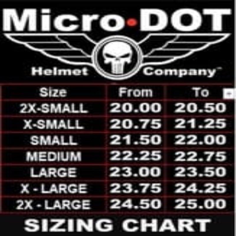Helmet sizing chart with Micro-Dot logo and Punisher skull emblem