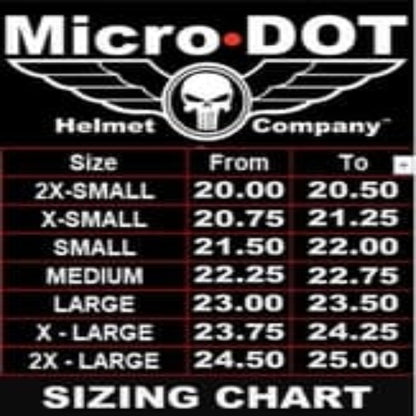 Helmet sizing chart with Micro-Dot logo and Punisher skull emblem