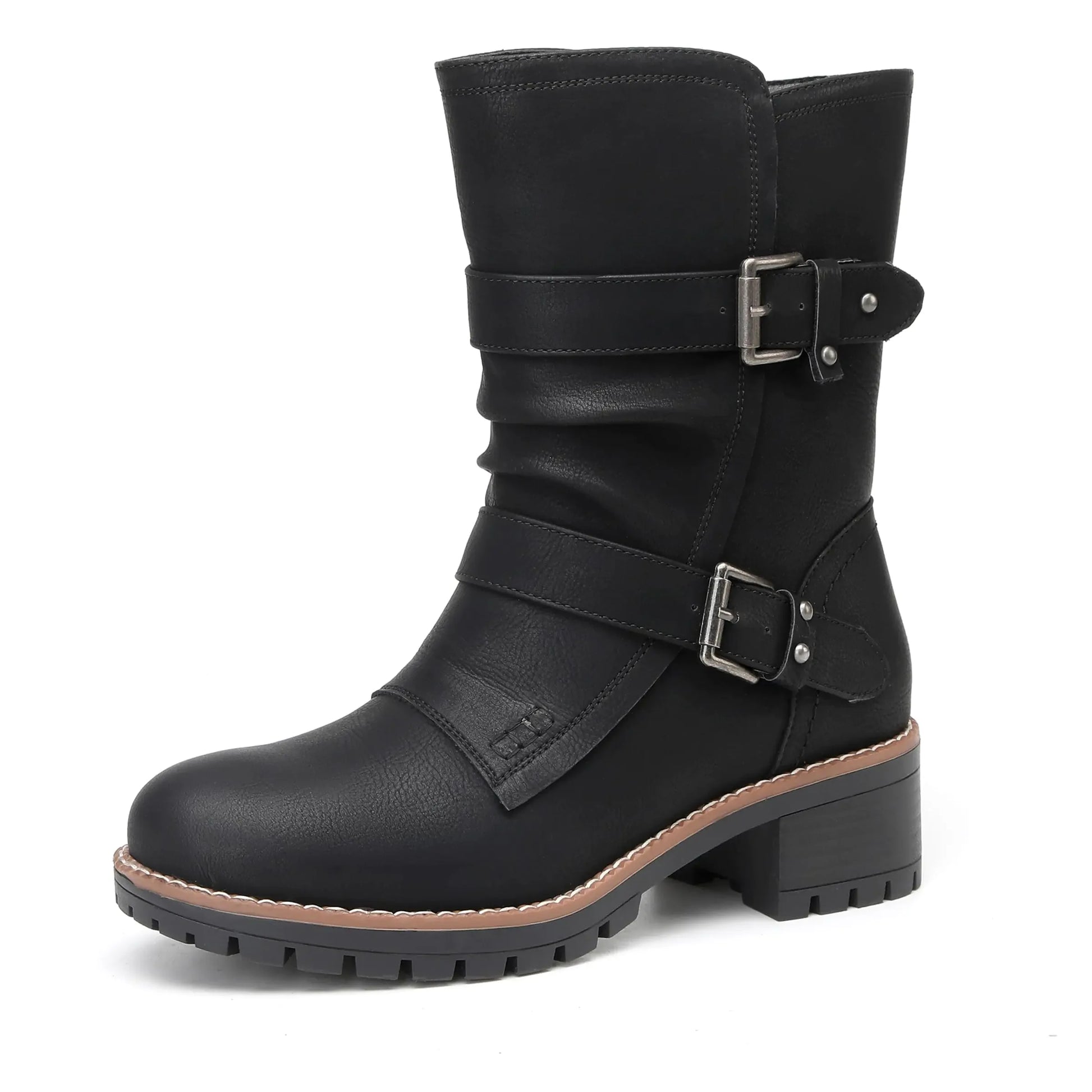 DECARSDZ Womens Motorcycle Boots Mid Calf PU Leather Biker Boots - Stylish Womens Black Brown Riding Boots for Motorcycle Combat and Festival - THROTTLE HUB
