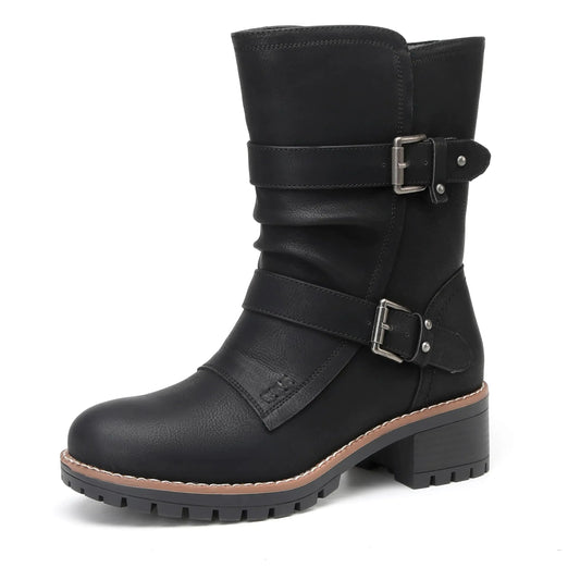 DECARSDZ Womens Motorcycle Boots Mid Calf PU Leather Biker Boots - Stylish Womens Black Brown Riding Boots for Motorcycle Combat and Festival - THROTTLE HUB