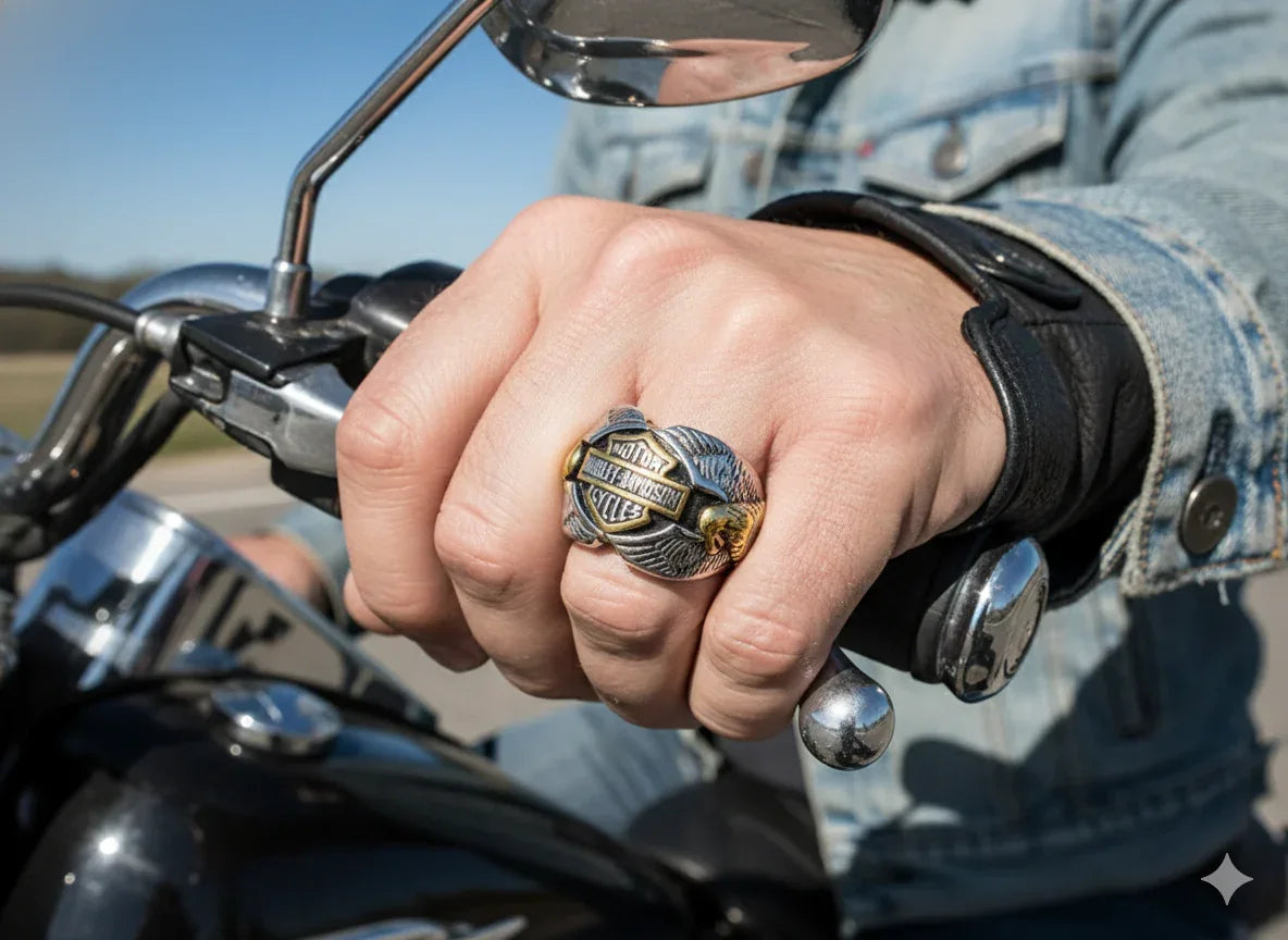 Stainless Steel Motorcycle Ring with Double Eagle Design - THROTTLE HUB