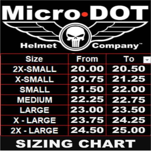 Micro-DOT helmet company sizing chart with Punisher logo on a black background