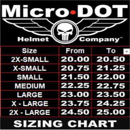 Micro-DOT helmet company sizing chart with Punisher logo on a black background