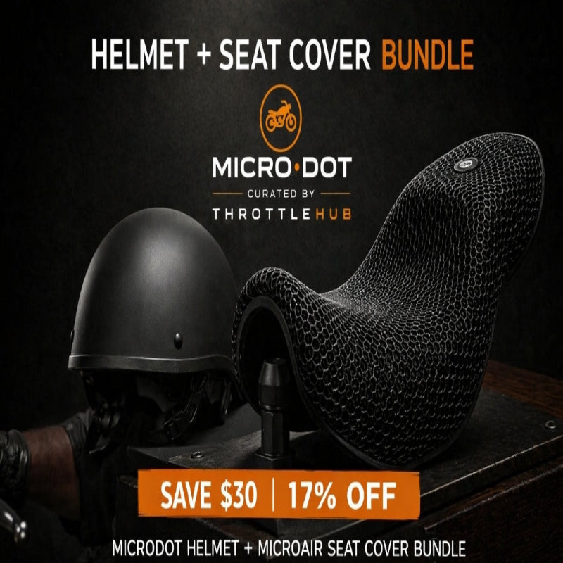 Motorcycle helmet and seat cover bundle with ThrottleHub branding on a dark background