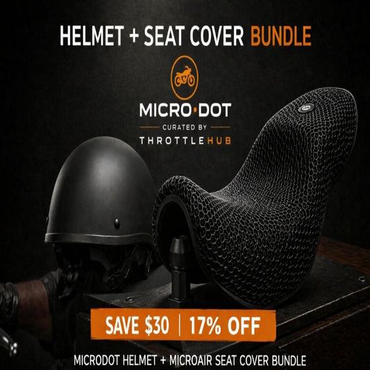 Motorcycle helmet and seat cover bundle with ThrottleHub branding on a dark background