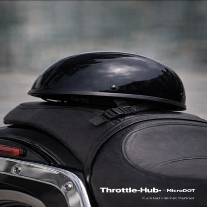 Person wearing a black helmet sitting on a motorcycle with 'Throttle-Hub' branding.