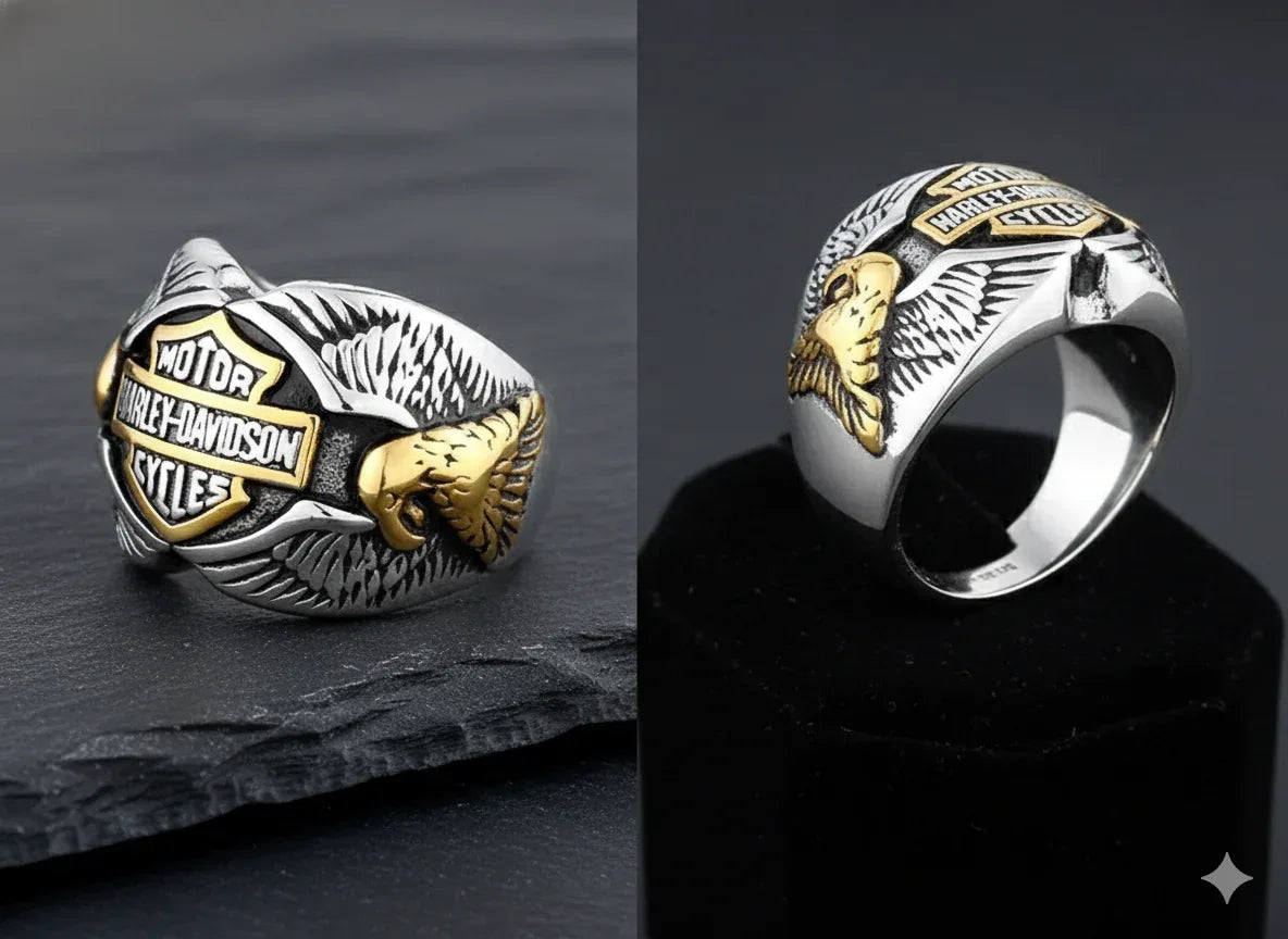 Stainless Steel Motorcycle Ring with Double Eagle Design - THROTTLE HUB