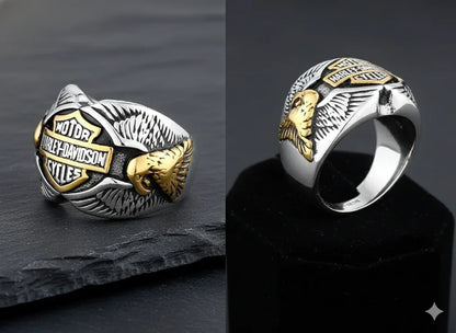 Stainless Steel Motorcycle Ring with Double Eagle Design - THROTTLE HUB