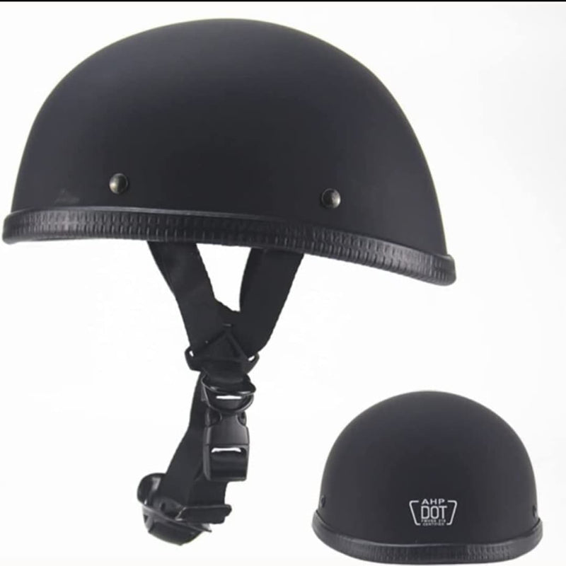Black helmet with chin strap on a white background