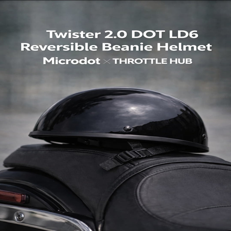 Person wearing a black helmet with text about Twister 2.0 DOT LD6 Reversible Beanie Helmet by Microdot and Throttle Hub.