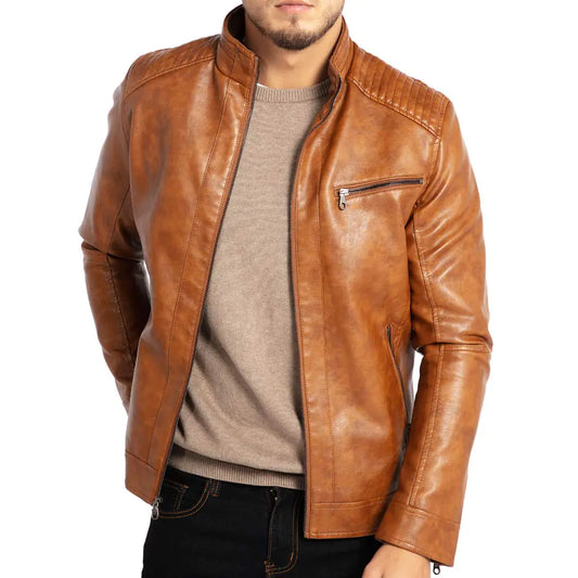 WULFUL Mens Stand Collar Leather Jacket Motorcycle Lightweight Faux Leather Outwear