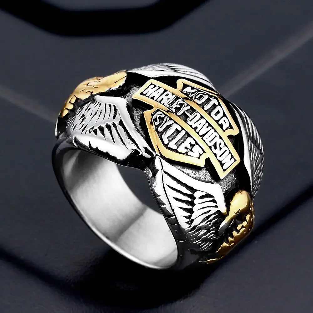 Stainless Steel Motorcycle Ring with Double Eagle Design - THROTTLE HUB